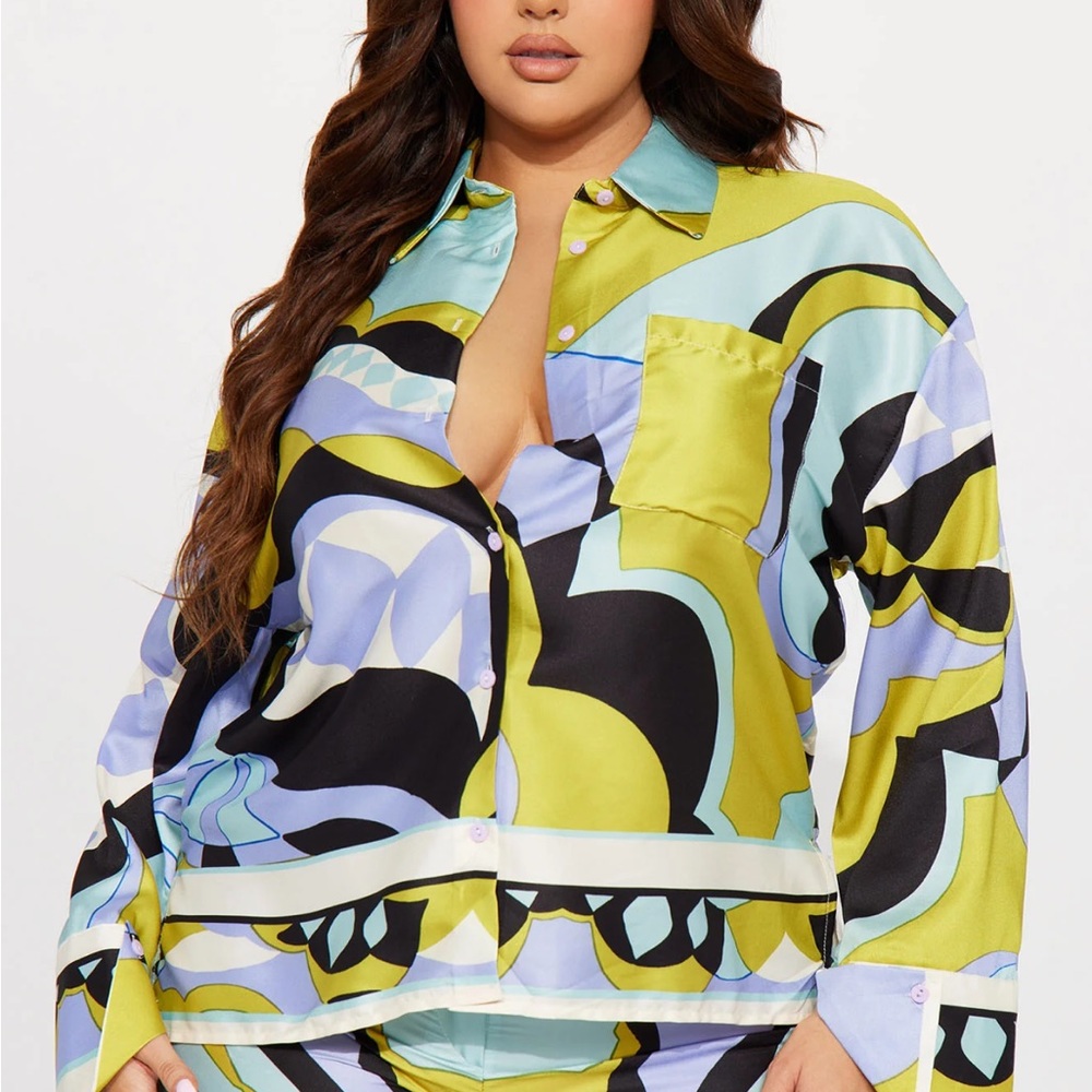 Multi Color Print Flowy Button Down Collared Blou… - image 1